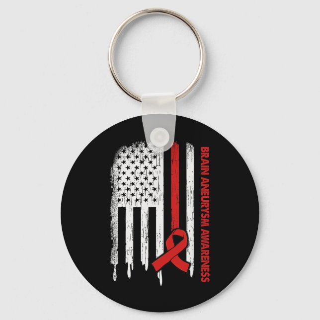 USA Flag Burgundy Ribbon Brain Aneurysm Awareness  Key Ring (Front)