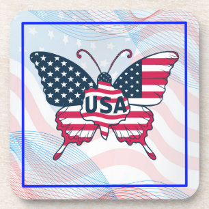 USA Flag Butterfly Patriotic American Pride Design Coaster