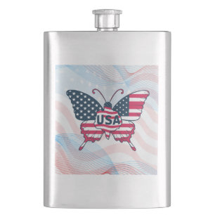 USA Flag Butterfly Patriotic American Pride Design Hip Flask