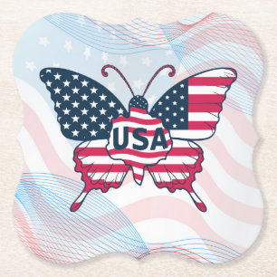 USA Flag Butterfly Patriotic American Pride Design Paper Coaster