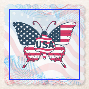 USA Flag Butterfly Patriotic American Pride Design Paper Coaster