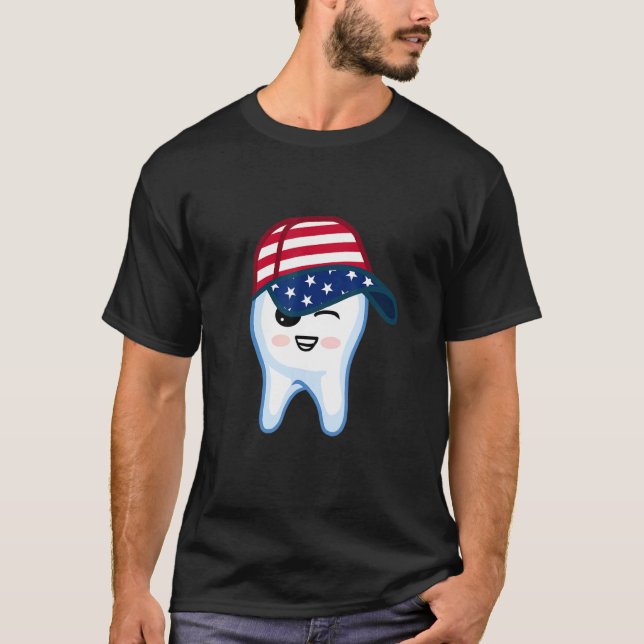 USA Flag Cap Tooth Patriotic Dentistry Dental Hygi T-Shirt (Front)