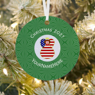 USA Flag Christmas Red Hair Angel Name Year Metal Tree Decoration