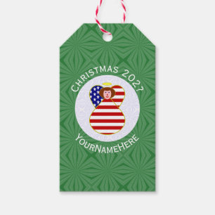 USA Flag Christmas Red Hair Angel Personalised  Gift Tags