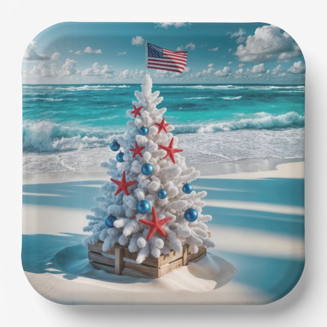 USA Flag Christmas Tree Paper Plate (Front)