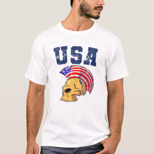 USA Flag Colour Mohawk Skull Supporter National Am T-Shirt