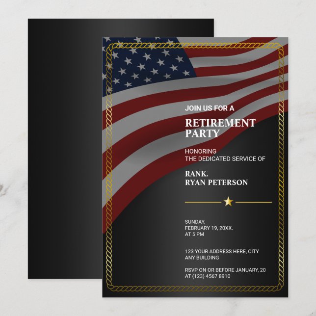 USA Flag | Corner | Gold Rope Frame | Black Invitation (Front/Back)