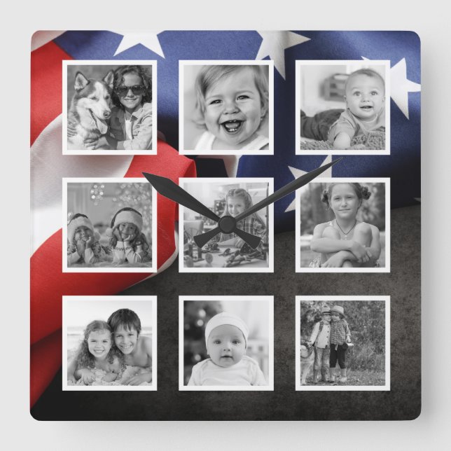 USA Flag Create Your Custom Photo Collage Square Wall Clock (Front)