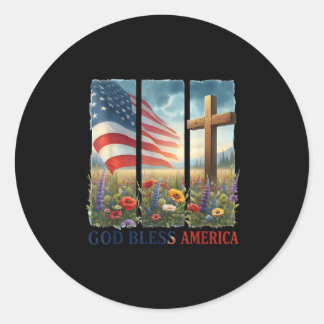 Usa Flag Cross Floral Christian Women God Bless Am Classic Round Sticker