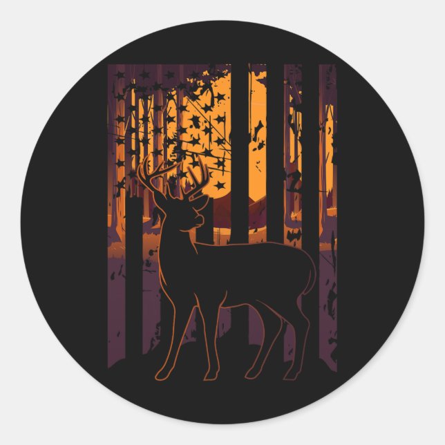 Usa Flag Deer Hunting Setting Sun Funny Bow Hunter Classic Round Sticker (Front)