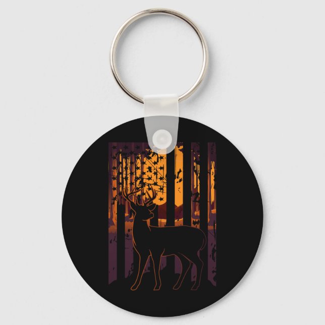 Usa Flag Deer Hunting Setting Sun Funny Bow Hunter Key Ring (Front)