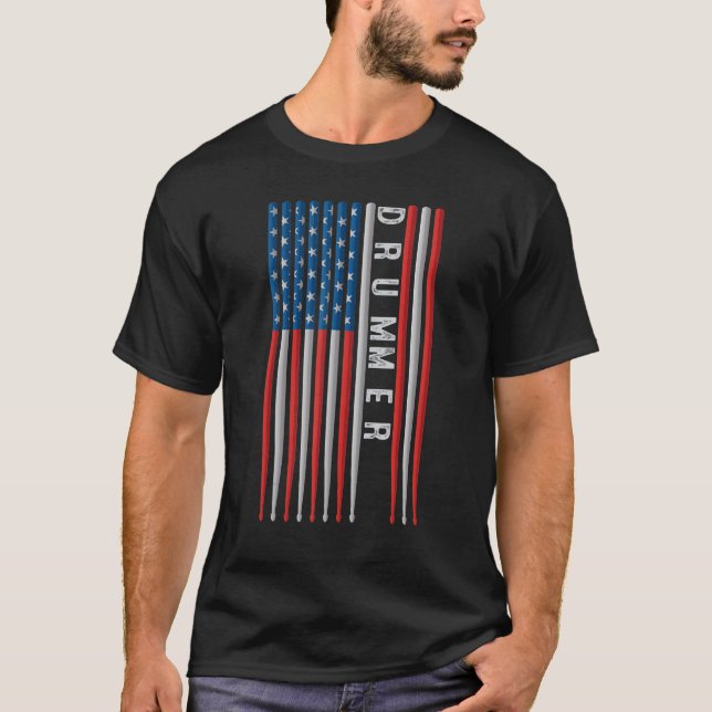 Usa Flag Drum Sticks Cool Patriotic American Drumm T-Shirt (Front)