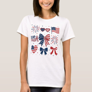USA Flag Fireworks Bows Patriotic July 4 Coquette T-Shirt