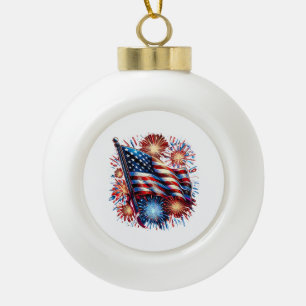 USA Flag Fireworks Patriotic Ceramic Ball Christmas Ornament