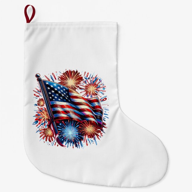 USA Flag Fireworks Patriotic Large Christmas Stocking (Front)