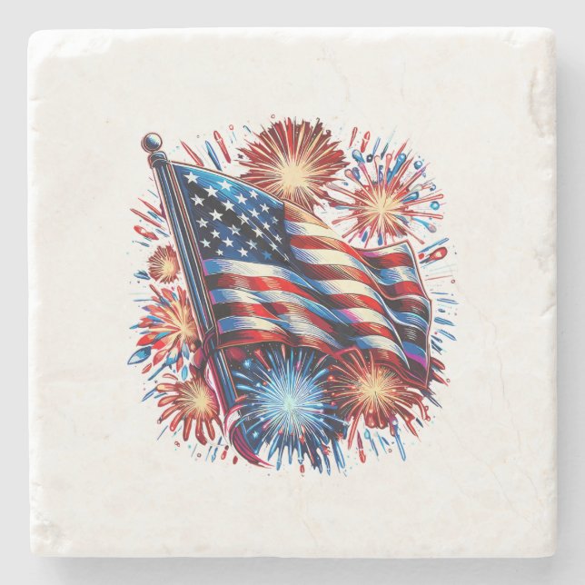 USA Flag Fireworks Patriotic Stone Coaster (Front)