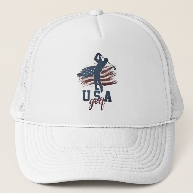 USA Flag Flying Golf Swing Trucker Hat (Front)