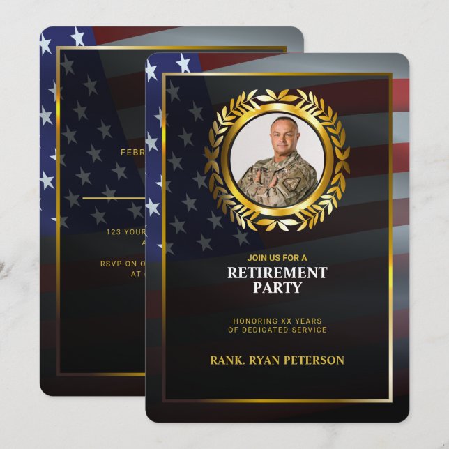 USA Flag | Gold Laurel Leaf | Luxury Retirement Invitation (Front/Back)