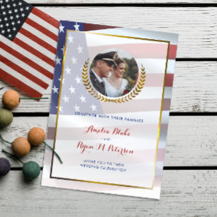 USA Flag   Gold Laurel Leaves   Luxury Wedding Invitation