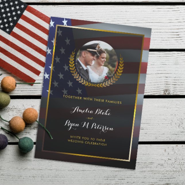 USA Flag | Gold Laurel Leaves | Luxury Wedding Invitation (Creator Uploaded)