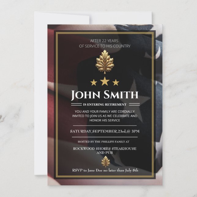 USA Flag |Gold Oak Military Retirement Invitation (Front)