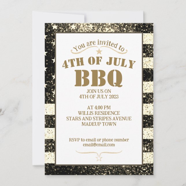 USA flag gold sepia sparkles 4th July BBQ party Invitation (Front)