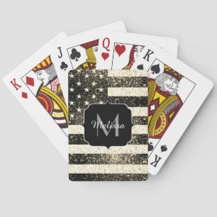 USA flag gold sepia sparkles glitters Monogram Playing Cards