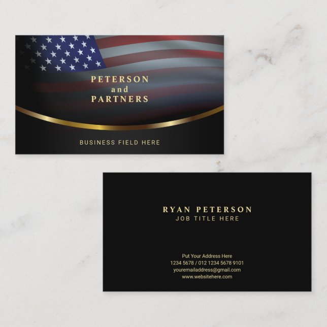 USA Flag | Gradation Concave Gold | Black Business Card (Front/Back)