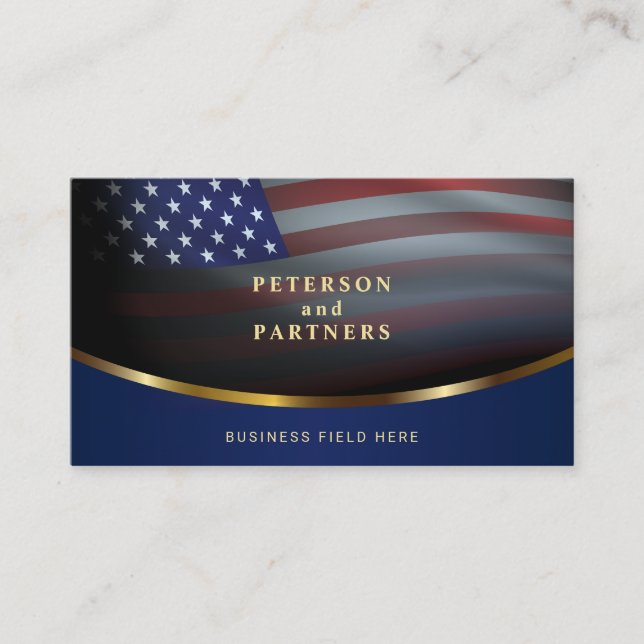 USA Flag | Gradation Concave Gold | Dark Blue Business Card (Front)