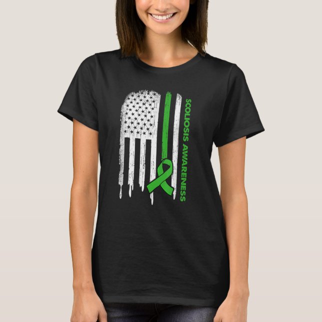 Usa Flag Green Ribbon Scoliosis Awareness T-Shirt (Front)