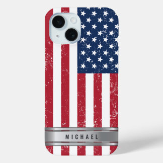 USA Flag Grunge And Metallic Name Label iPhone 15 Case