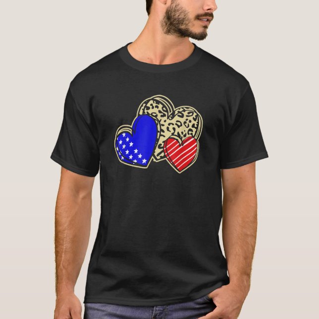 USA Flag Heart 4th Of July Leopard Patriotic Red W T-Shirt (Front)