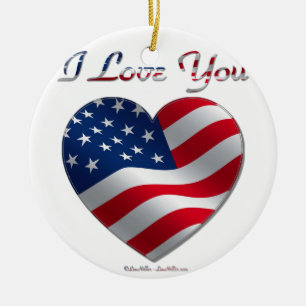 USA Flag Heart I Love You Ceramic Tree Decoration