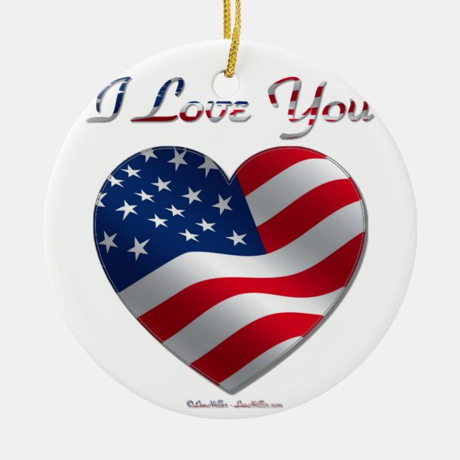 USA Flag Heart I Love You Ceramic Tree Decoration (Front)