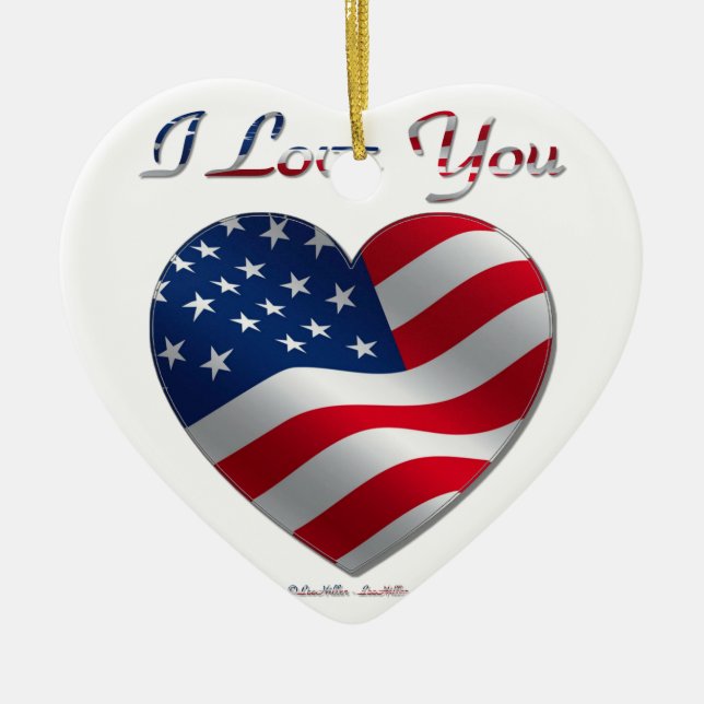 USA Flag Heart I Love You Ceramic Tree Decoration (Front)