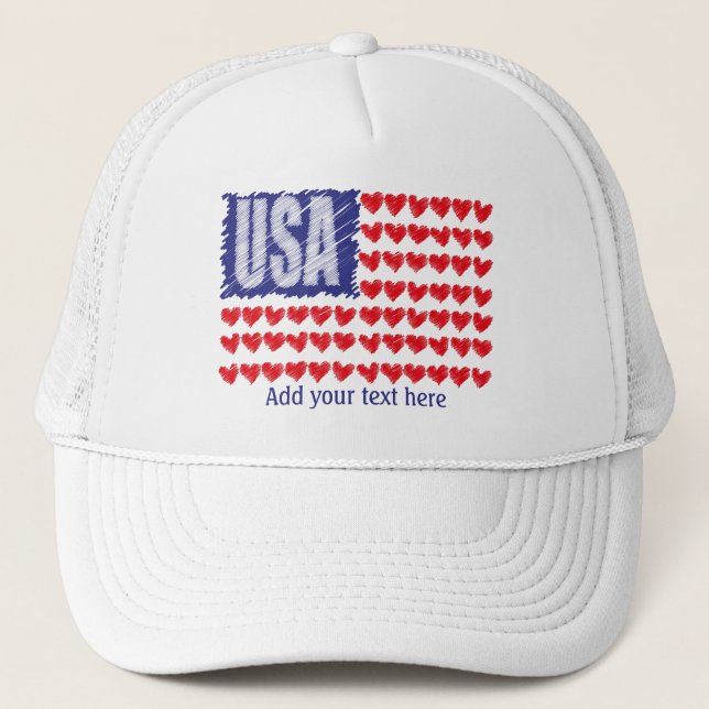 USA Flag Hearts Custom Trucker Hat (Front)