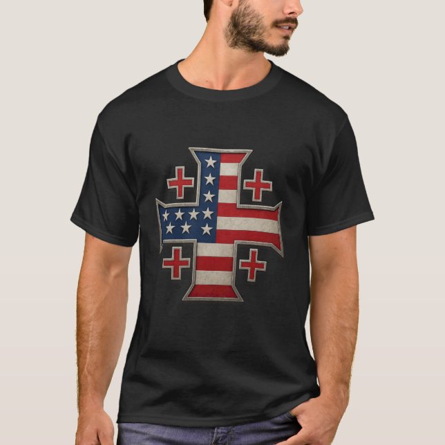 USA Flag Jerusalem Cross - Kingdom of Jerusalem T-Shirt (Front)