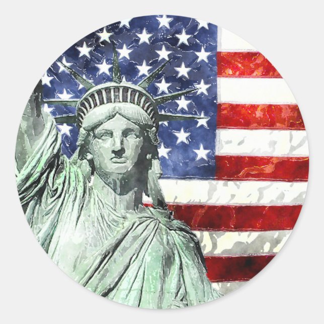 USA FLAG & LIBERTY CLASSIC ROUND STICKER (Front)
