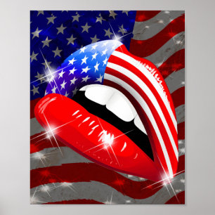 USA Flag Lipstick on Sensual Lips Poster