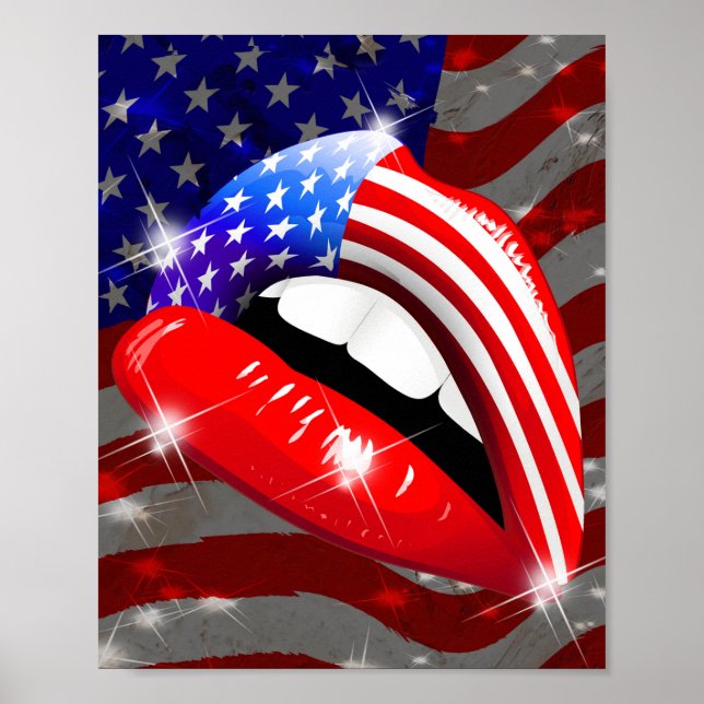 USA Flag Lipstick on Sensual Lips Poster (Front)