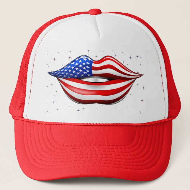 USA Flag Lipstick on Smiling Lips Hat (Front)