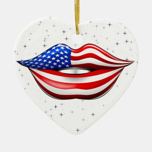 USA Flag Lipstick on Smiling Lips Ornament (Front)