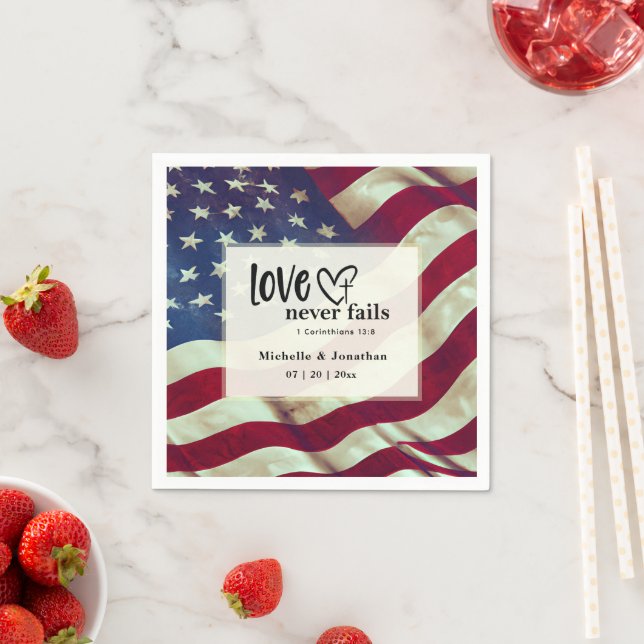 USA Flag Love Never Fails Bible Patriotic Wedding  Napkin (Insitu)