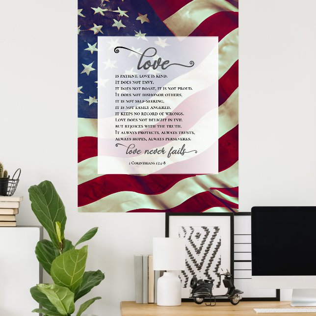 USA Flag Love Never Fails Bible Patriotic Wedding  Poster (Home Office)