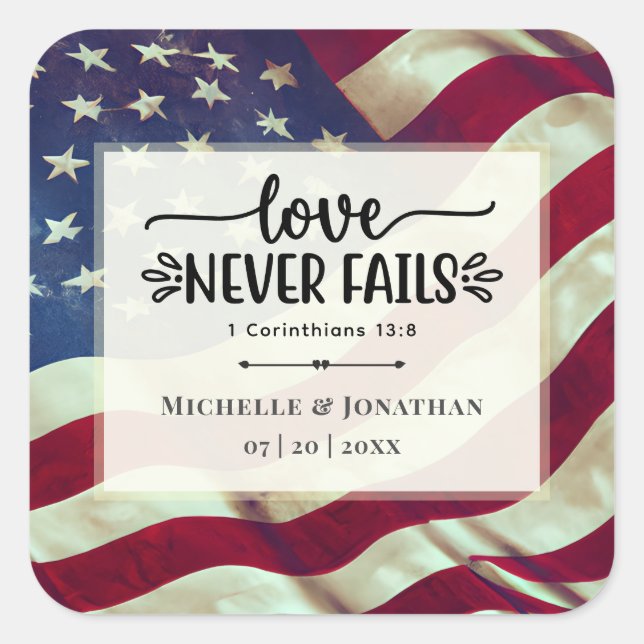 USA Flag Love Never Fails Wedding Bible Verse Square Sticker (Front)