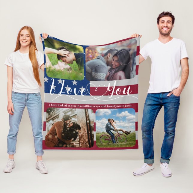 USA flag Love Photo collage Anniversary Valentine Fleece Blanket (In Situ)