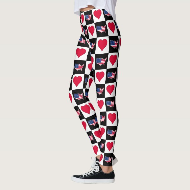 USA Flag Map and Hearts Chequered Pattern Leggings (Left)