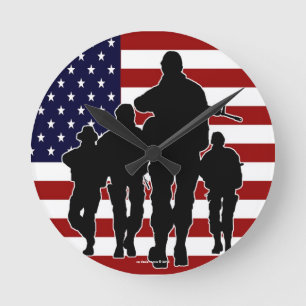 USA Flag Marching Soldiers Silhouette Wall Clock