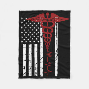 Usa Flag Medical Symbol Black Patriotic Caduceus N Fleece Blanket