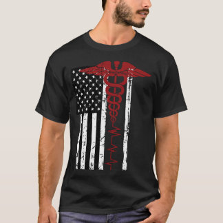 USA Flag Medical Symbol Black Patriotic Caduceus N T-Shirt
